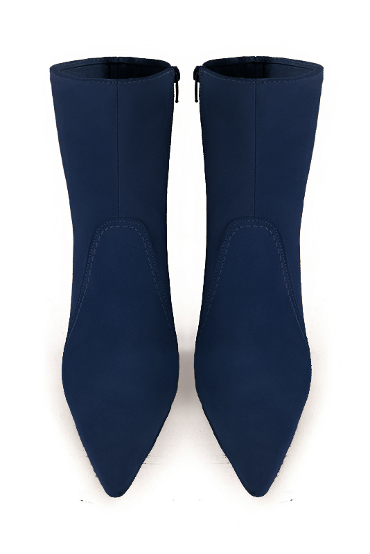 Navy blue women's ankle boots with a zip on the inside. Pointed toe. High slim heel. Top view - Florence KOOIJMAN